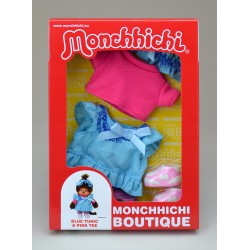 Dukketøj til Monchhichi - Blåt kjolesæt